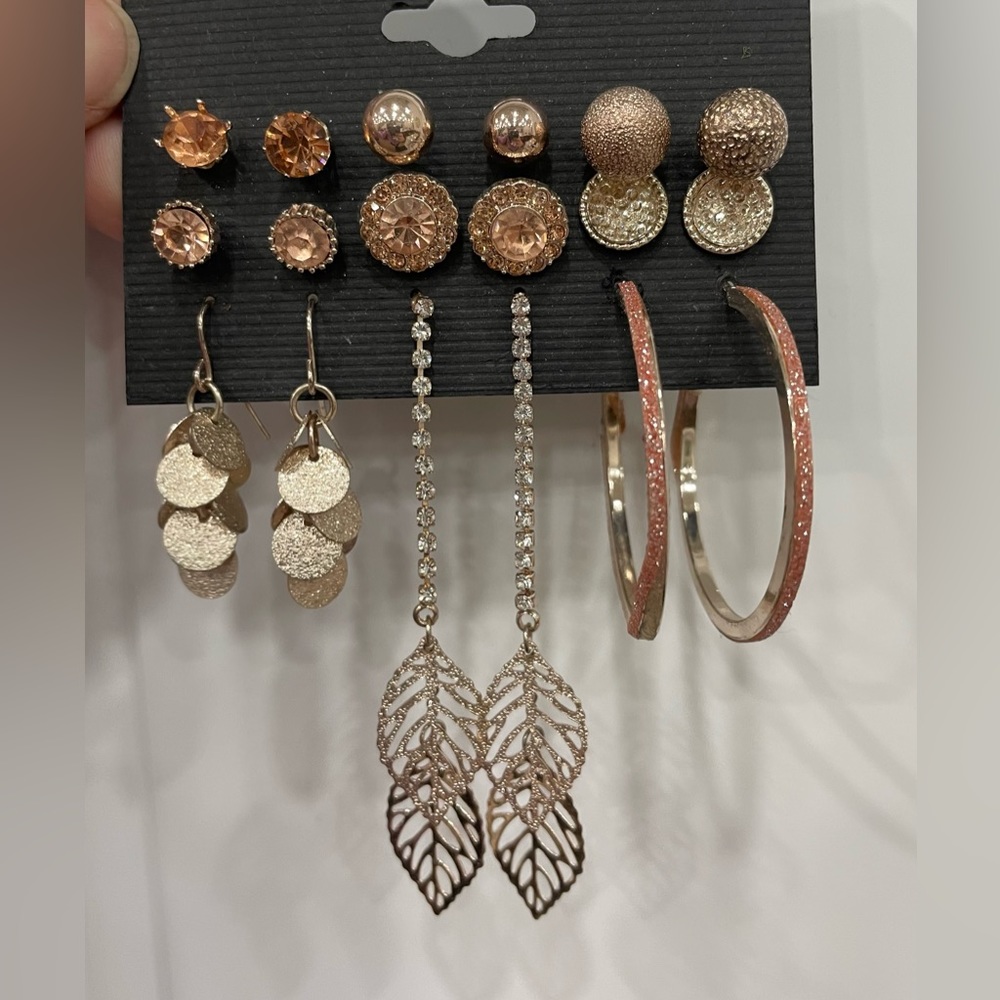 Rose Gold earrings - set of 9 pair. NWOT!